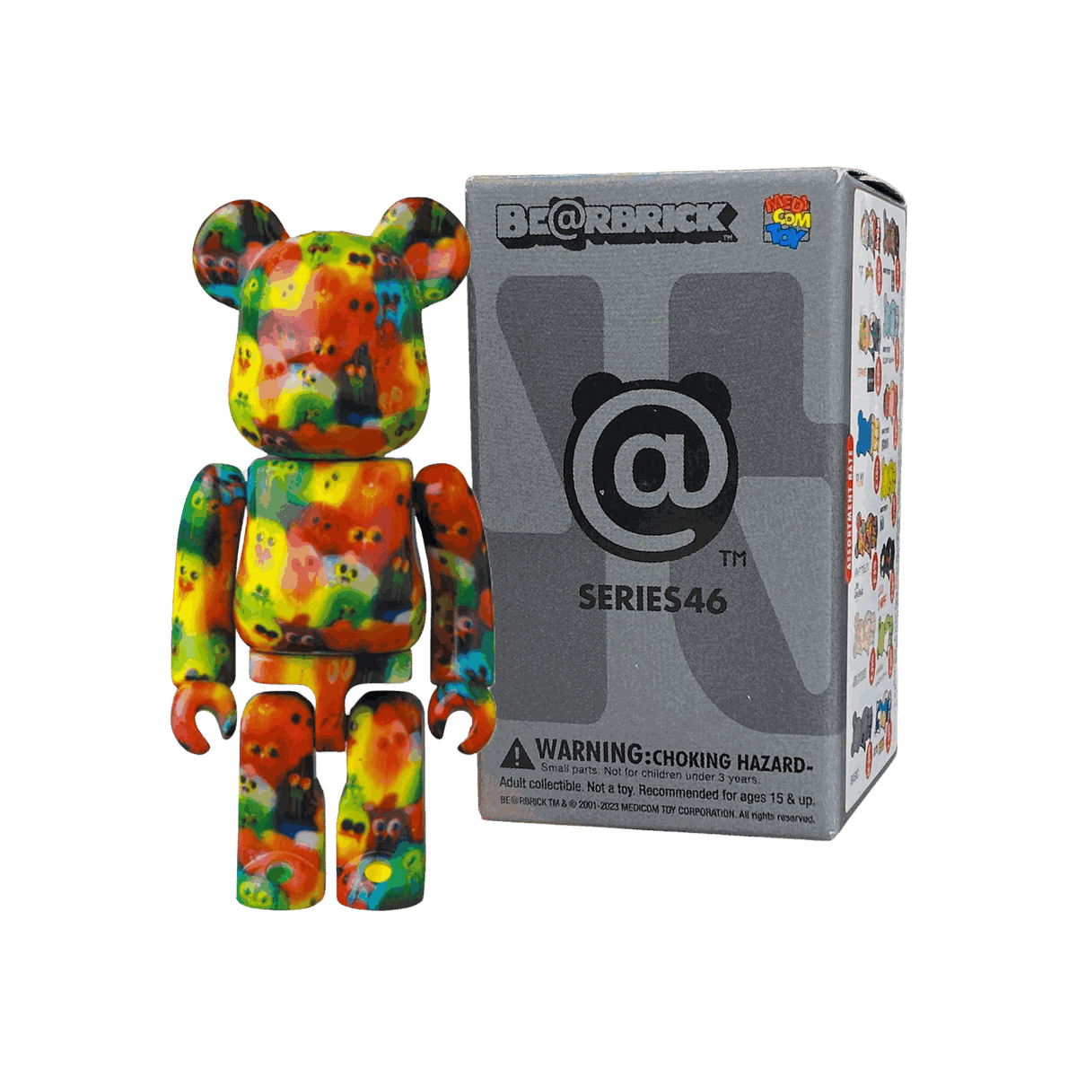 100% Bearbrick Blindbox Series 46 collectible figure with colorful design and packaging.