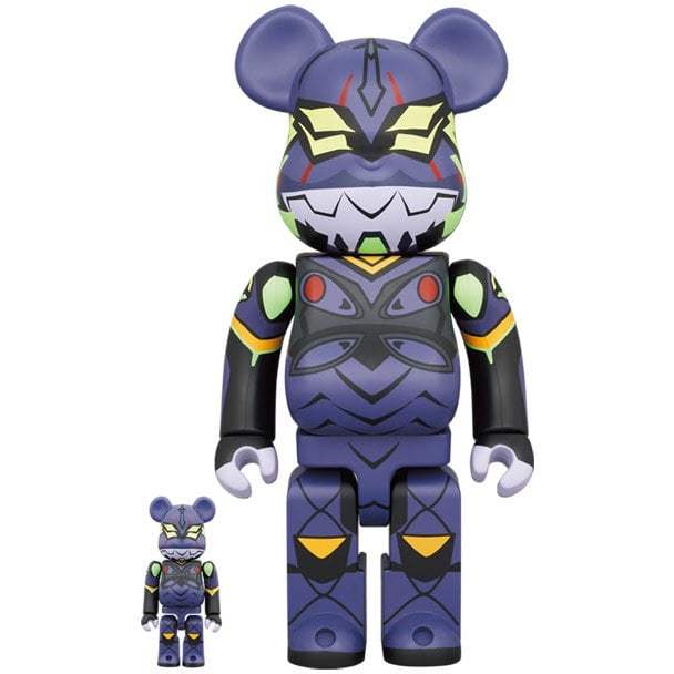 400% and 100% Bearbrick figures featuring Evangelion Unit 13 with shiny finish and stylized design