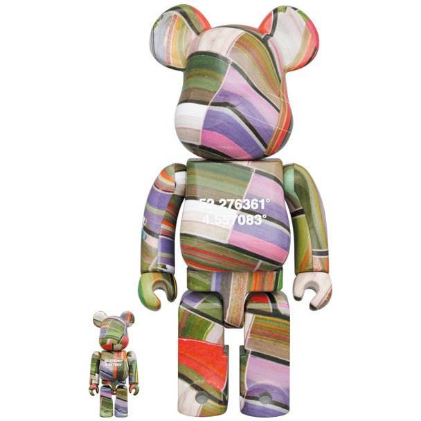 Colorful 400% & 100% Bearbrick set inspired by Benjamin Grant's satellite imagery.
