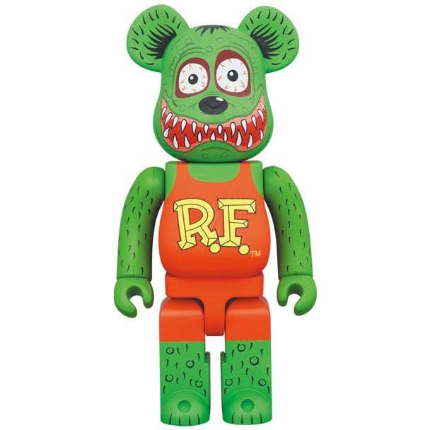 Bearbrick Rat Fink 1000% by Ed "Big Daddy" Roth, collectible toy from Medicom Toys, green and red design.