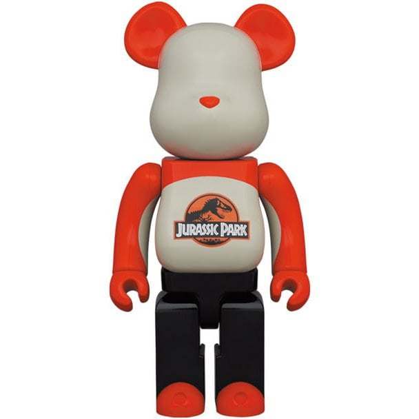 1000% Bearbrick figure with Jurassic Park logo in red, white, and black colors