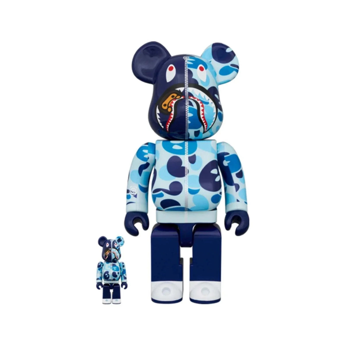 BAPE Baby Milo Shark Camo Bearbrick set in blue, featuring 400% and 100% figures.