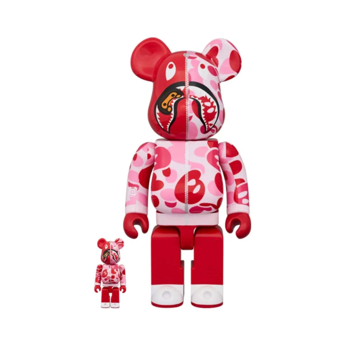 Bearbrick set featuring 400% and 100% figures in BAPE Baby Milo Shark Camo Pink design.