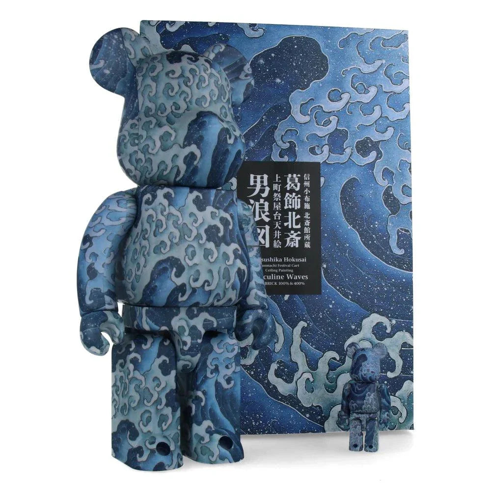 400% & 100% Bearbrick set Katsushika Hokusai Angry Waves Onami design Japan art collectible.