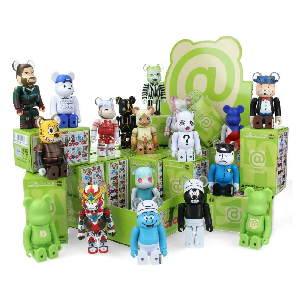 100 Bearbrick Blindbox Series 49 collection with various designs and figures on display.