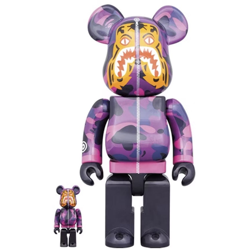 400% & 100% Bearbrick Set - Camo Tiger von BAPE (Lila Version)