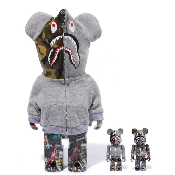 400 % &amp; 100 % Bearbrick 3er-Set – BAPE(R) LEGACY CAMO SHARK (Graue Version)